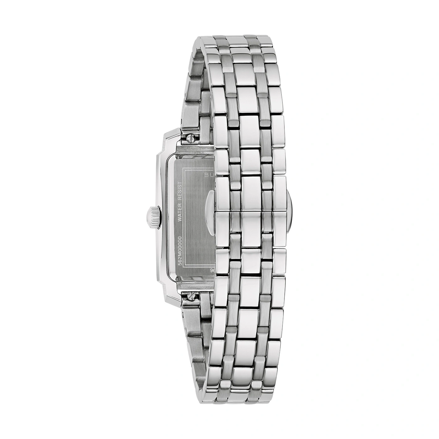 Silberne Armbanduhr mit rechteckigem Zifferblatt und Metallarmband, Nahaufnahme