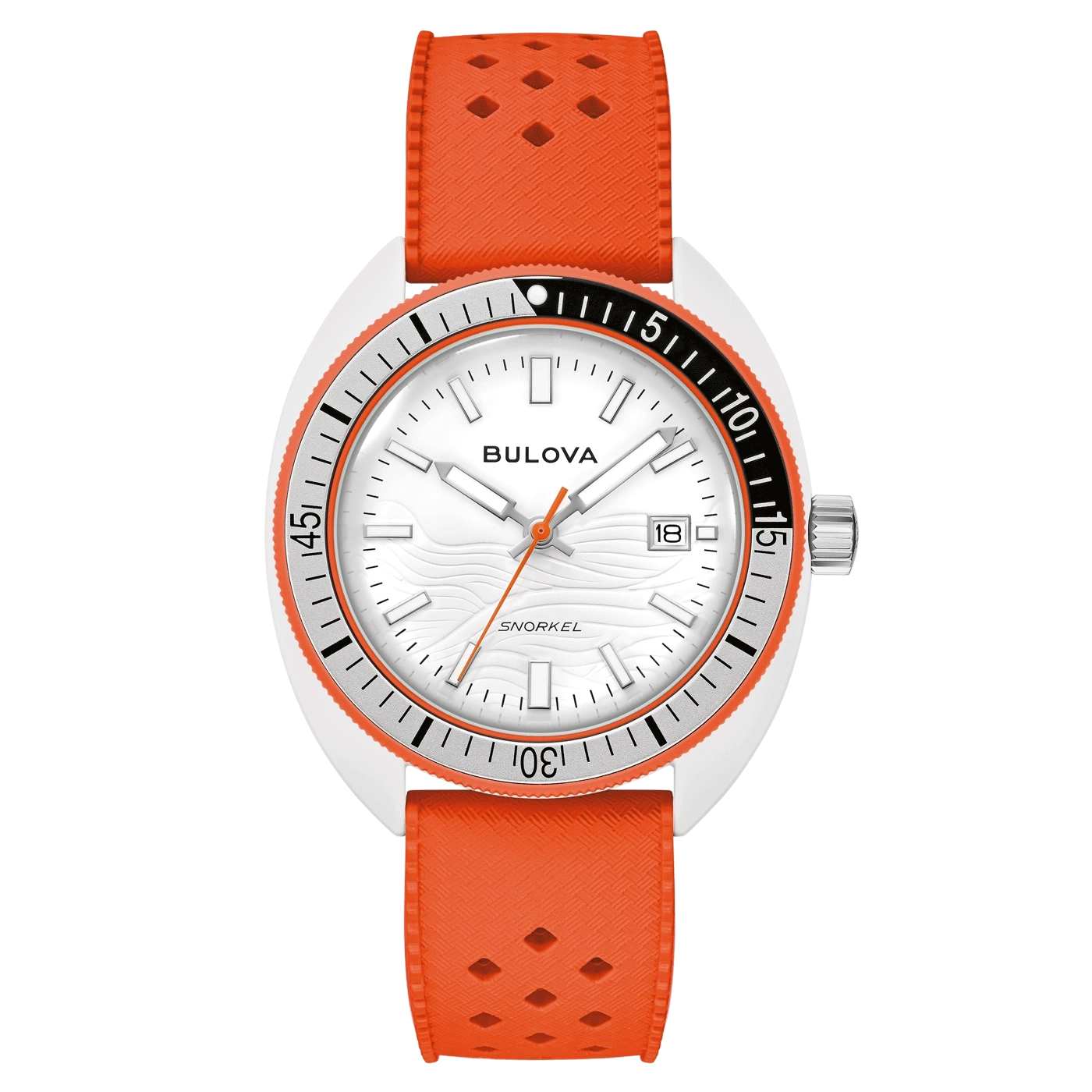 Bulova Snorkel Uhr mit orangefarbenem Armband und weißem Zifferblatt