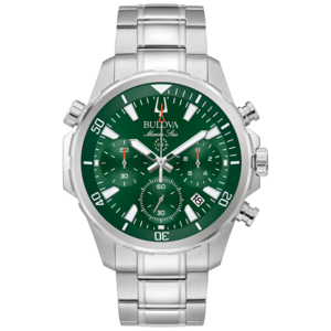 Bulova Marine Star Uhr, grün, silbernes Armband, Chronograph, 100m wasserdicht, Datum