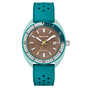 Bulova Snorkel Uhr, braunes Zifferblatt, türkisfarbenes Armband, Detailaufnahme, Nahaufnahme