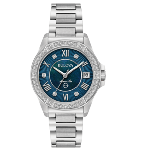 Bulova Marine Star Damenuhr, blaues Zifferblatt, Diamanten, Edelstahlarmband