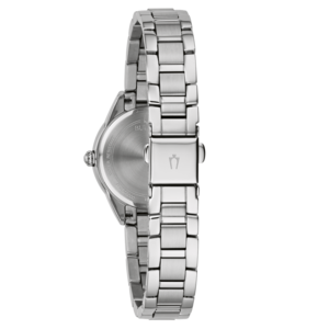 Rückseite einer silbernen Uhr mit Armband und Logo, Wasserfest