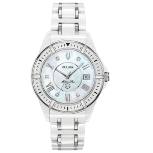 Weiße Bulova Marine Star Damenuhr mit Perlmutt-Zifferblatt und Diamanten