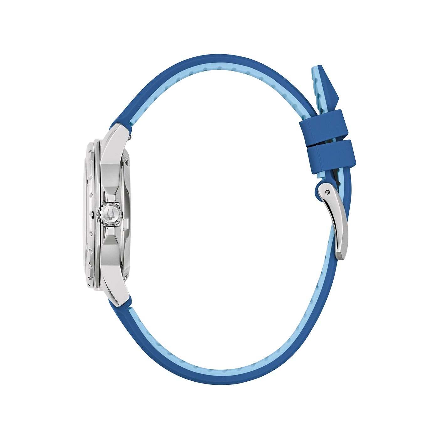 Uhr mit blauem Armband, Seitenansicht, silbernes Gehäuse, Detailaufnahme, Modeaccessoire