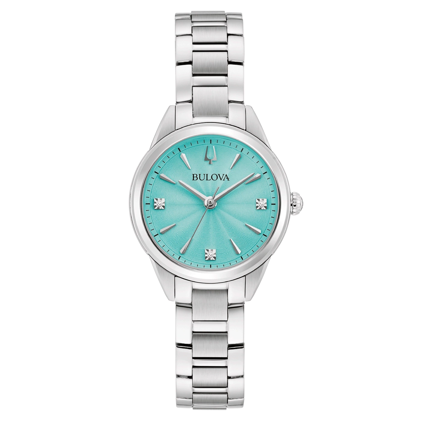 Bulova Damenuhr mit türkisfarbenem Zifferblatt und Diamanten, silbernes Armband