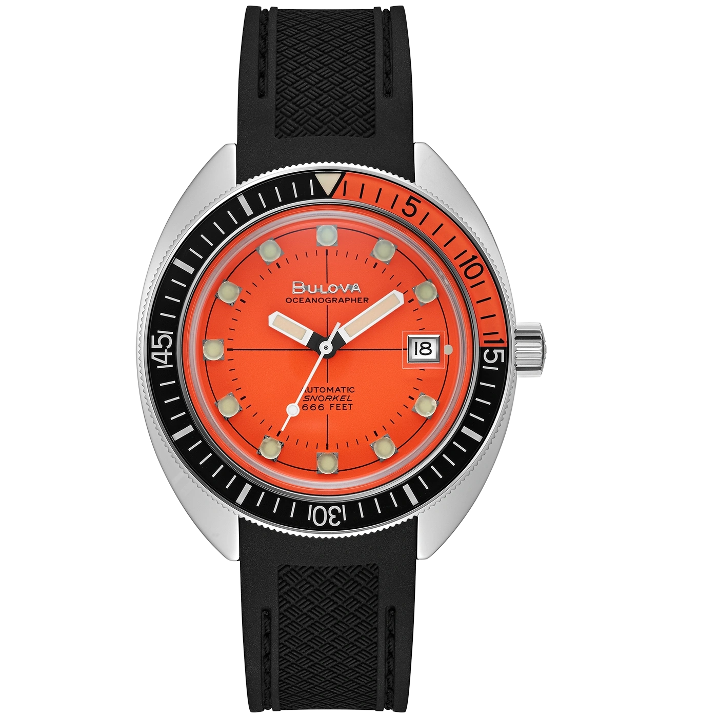 Bulova Oceanographer Uhr, orange Zifferblatt, schwarzes Armband, Datum, Edelstahl