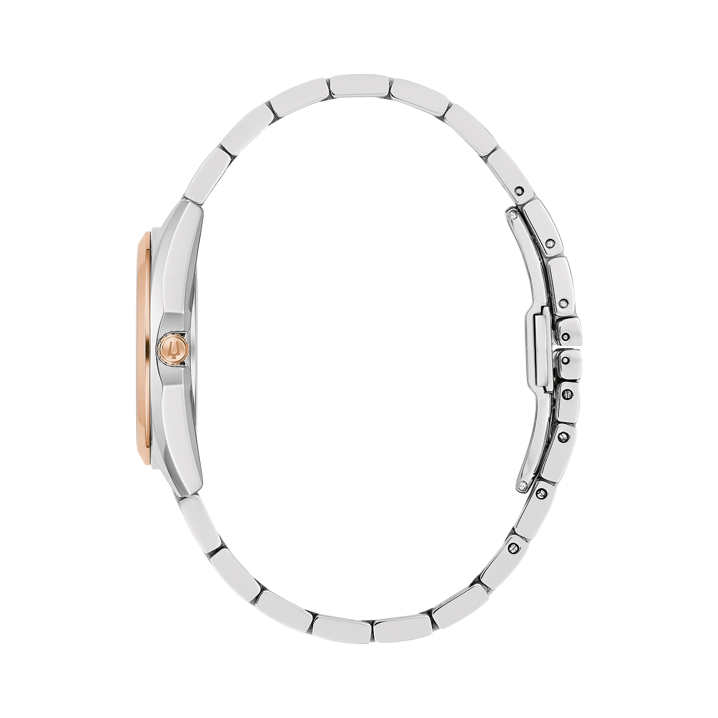 Uhr, silbernes Armband, roségoldfarbenes Zifferblatt, Seitenansicht, elegantes Design, Accessoire