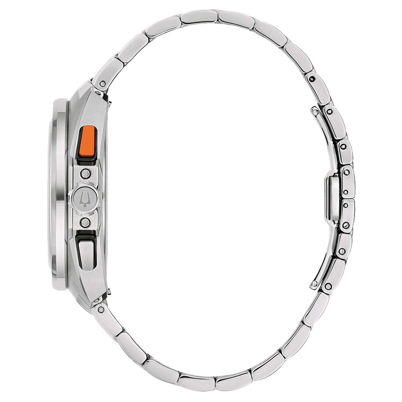 Uhr, silbernes Armband, orangefarbene Taste, Seitenansicht, Detailaufnahme, Accessoire, Mode