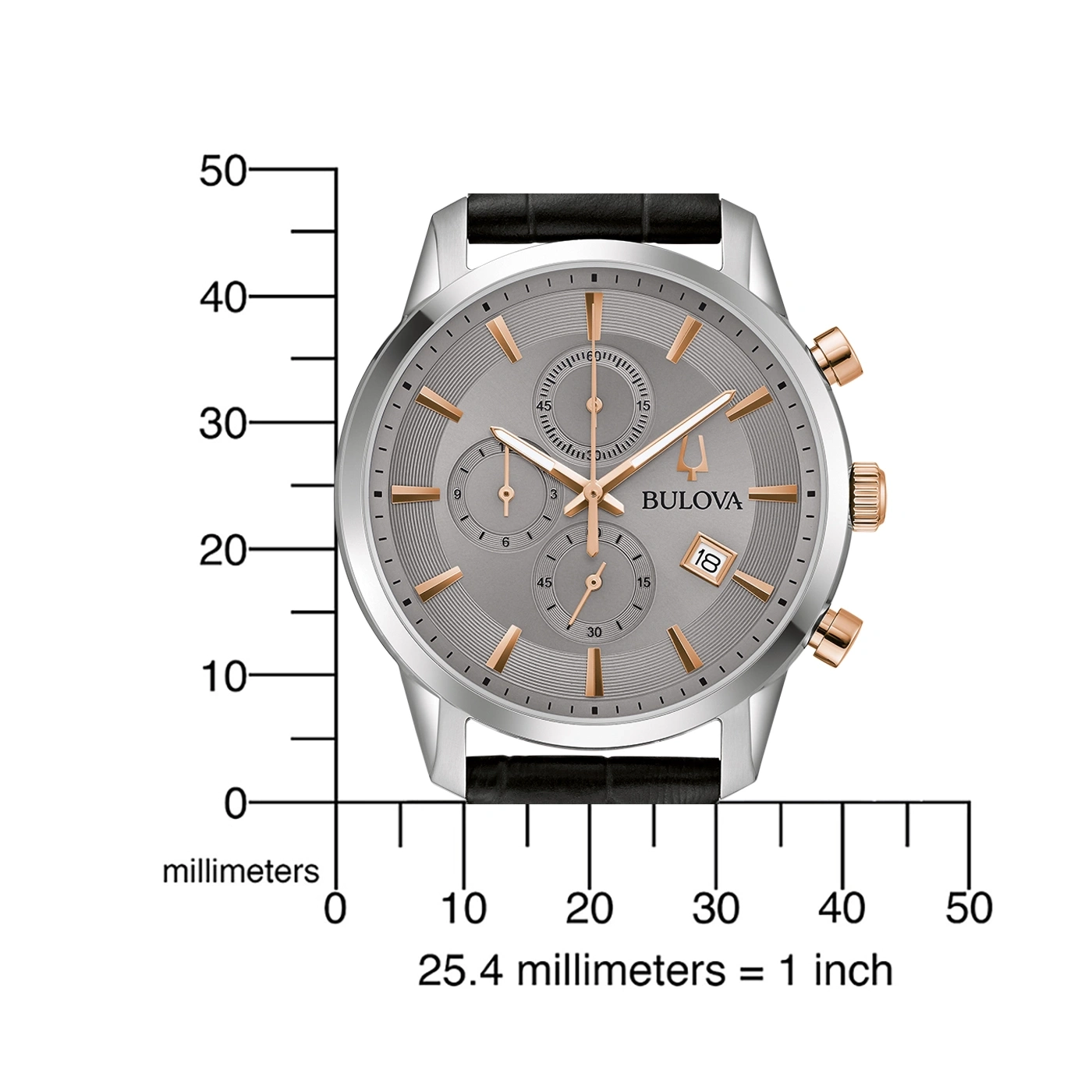 Bulova-Uhr mit grauem Zifferblatt, goldenen Akzenten und schwarzem Lederarmband.