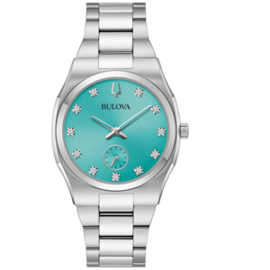 Bulova-Uhr mit türkisfarbenem Zifferblatt und Diamanten, silbernes Armband.