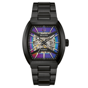Schwarze Bulova-Uhr mit skelettiertem Zifferblatt und Regenbogenfarben, Automatik