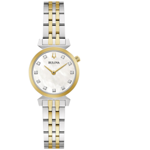 Bulova Damenuhr, goldfarbenes Zifferblatt, Diamanten, zweifarbiges Armband, elegant