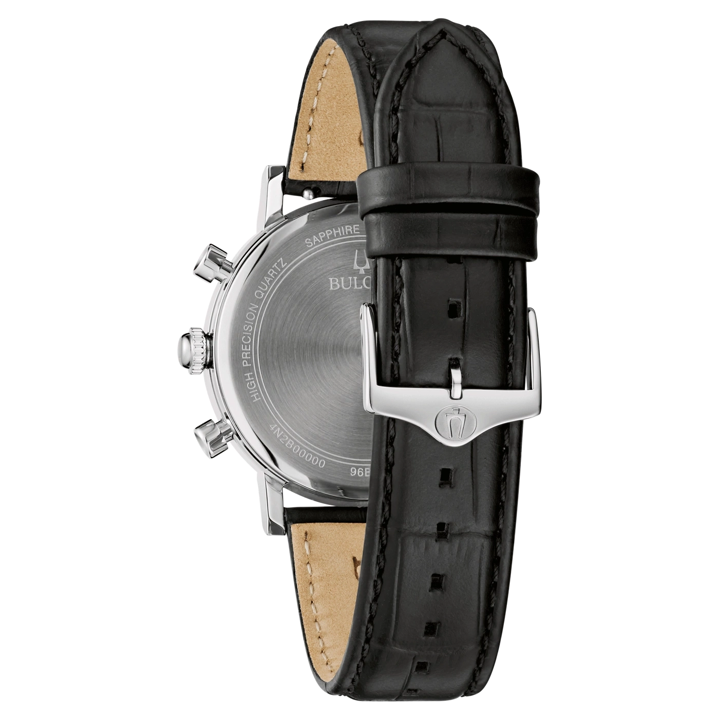 Schwarze Uhr mit Lederarmband und silberner Schnalle, Nahaufnahme