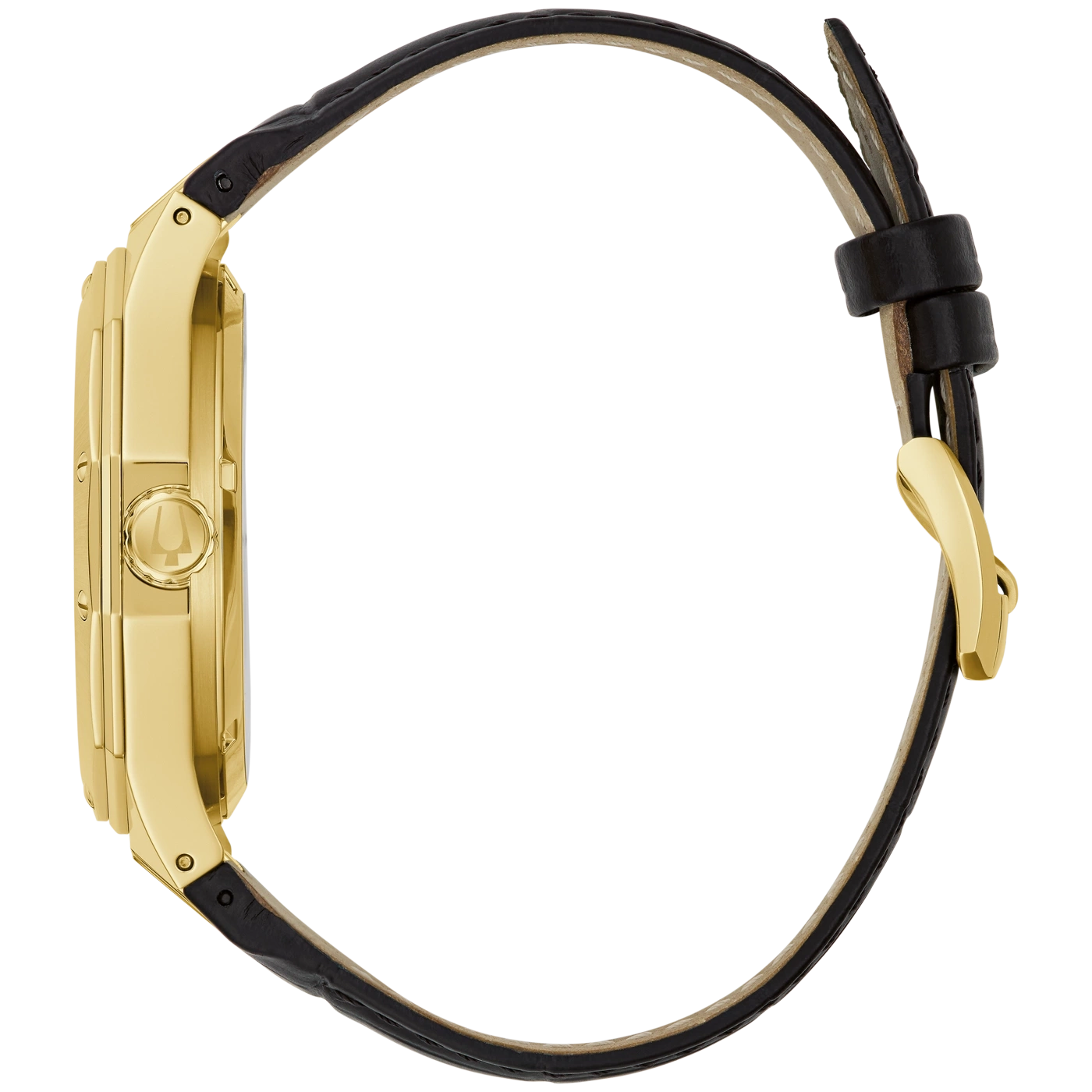 Goldene Uhr mit schwarzem Lederarmband im Profil.