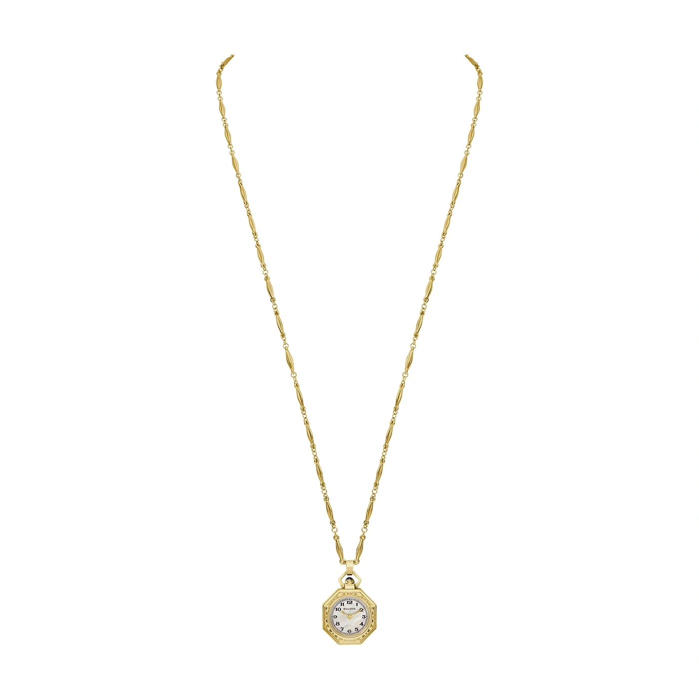 Goldene Halskette mit achteckiger Uhr, elegantes Schmuckstück, isoliert auf Weiß