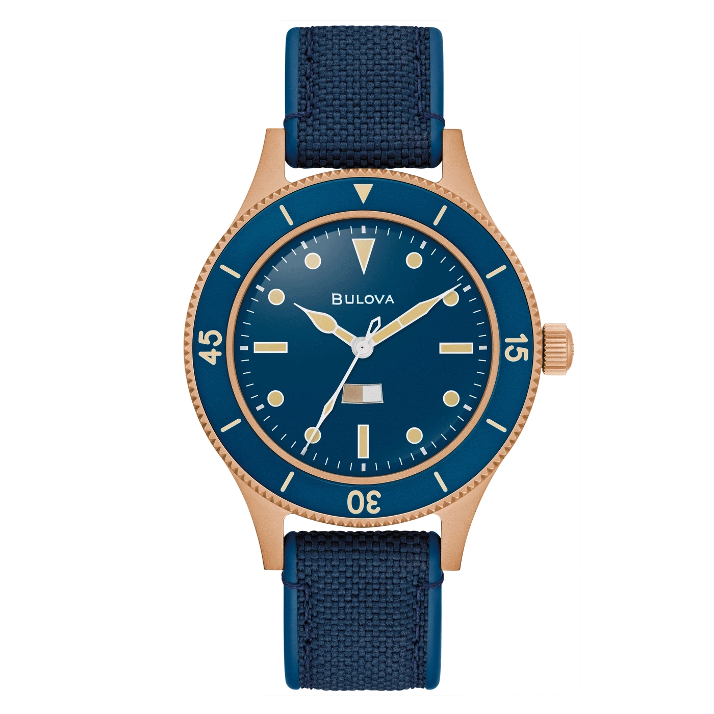 Bulova-Uhr mit blauem Zifferblatt und Armband, goldenem Gehäuse