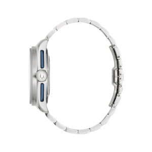 Uhr, silbernes Armband, blaues Detail, Seitenansicht, elegantes Design, Accessoire