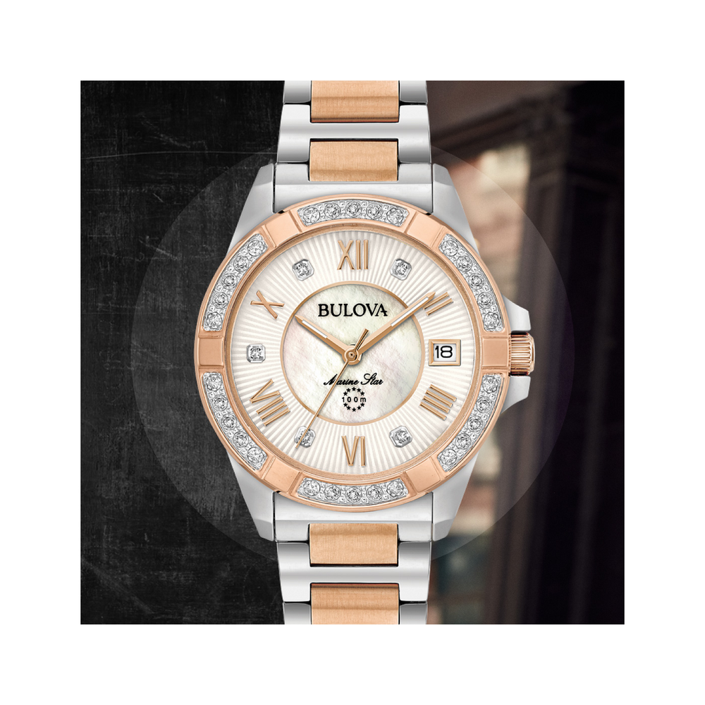 Bulova Marine Star Damenuhr, roségoldfarben, Diamanten, Perlmuttzifferblatt, Datumsanzeige, elegant