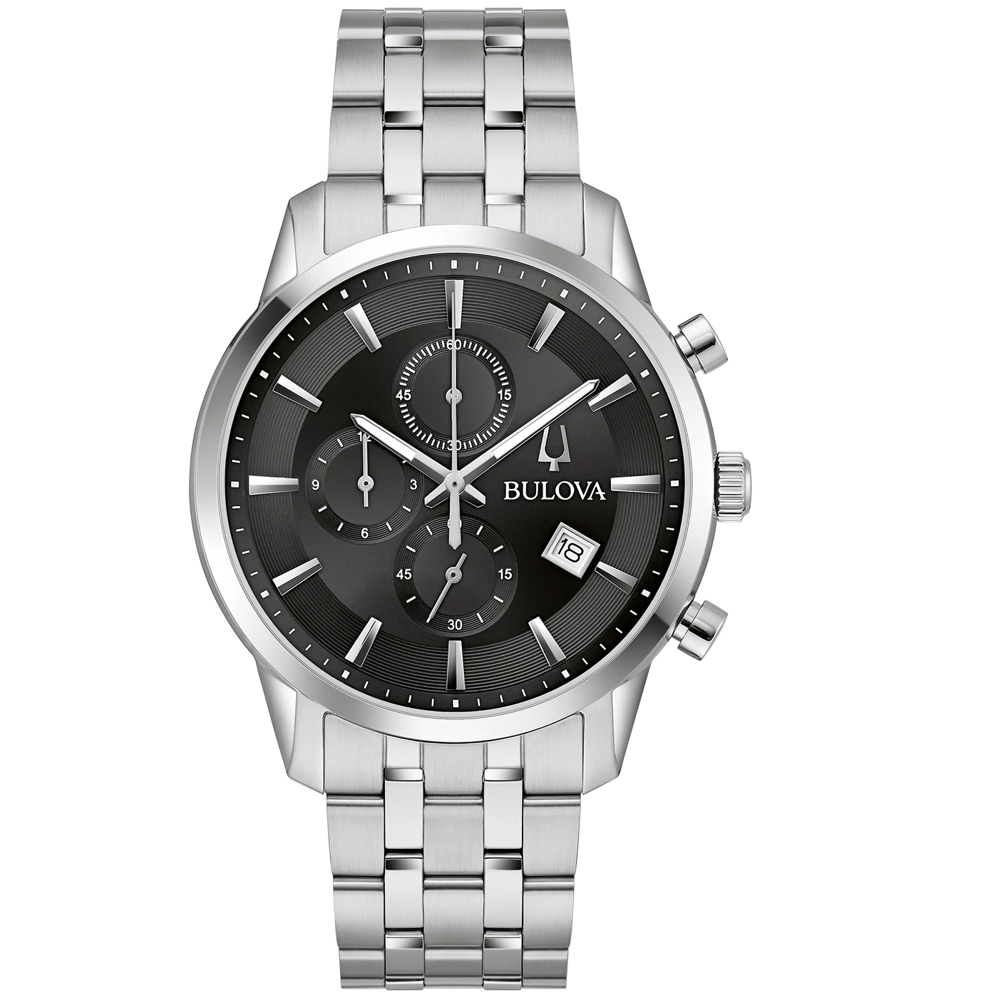Bulova-Uhr mit schwarzem Zifferblatt und silbernem Armband, elegant.