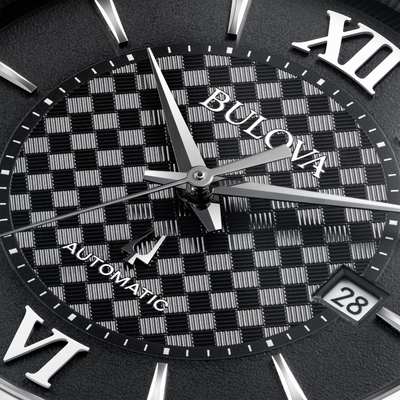 Bulova Uhr, schwarzes Zifferblatt, Schachbrettmuster, römische Ziffern, Datum 28, Automatik