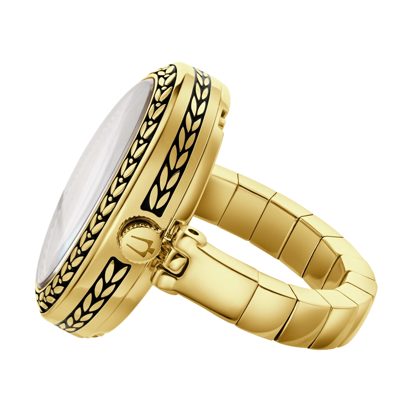 Goldener Ring mit schwarzem Muster und Perlmutt-Zifferblatt