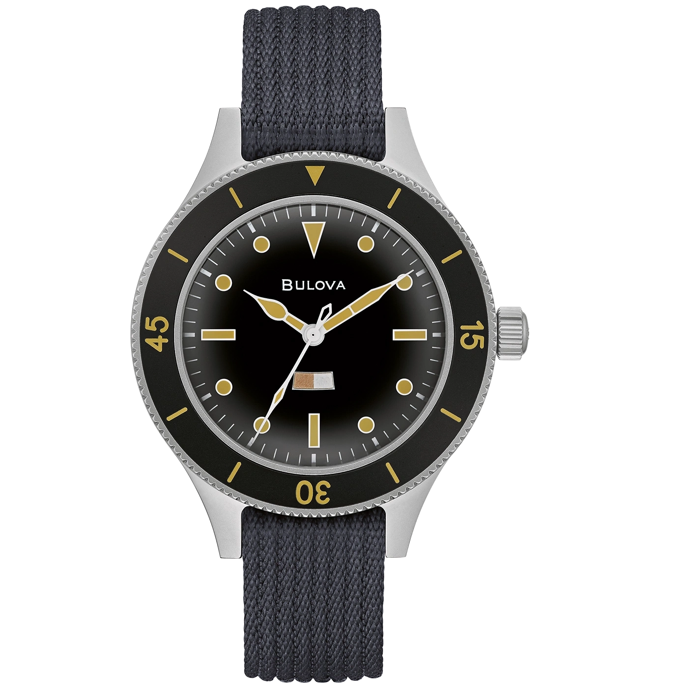 Bulova-Uhr mit schwarzem Zifferblatt und grauem Armband. Goldene Akzente.