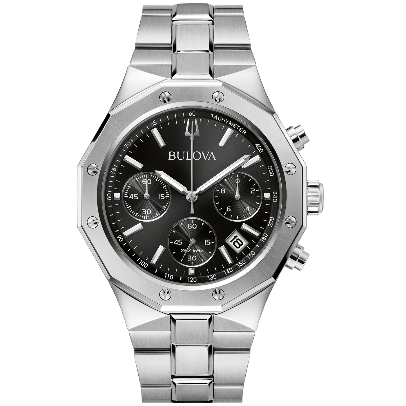 Bulova-Uhr mit schwarzem Zifferblatt und silbernem Armband, Tachymeter-Funktion.