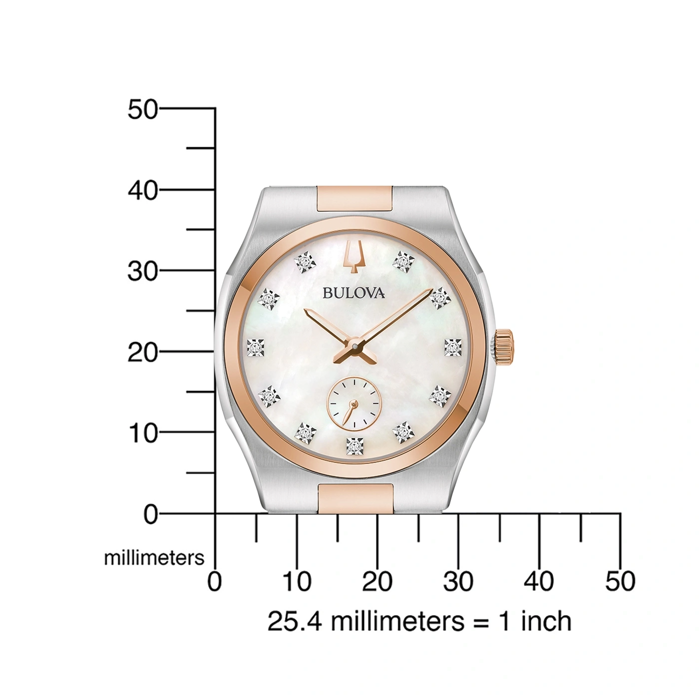 Uhr mit Diamanten, Messskala, Bulova-Logo, Millimeter-Angabe, roségoldfarben, silberfarbenes Gehäuse.