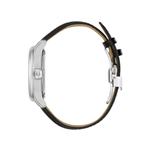 Uhr mit schwarzem Lederarmband, Seitenansicht, silbernes Gehäuse, elegantes Design