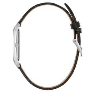 Uhr mit schwarzem Lederarmband, Seitenansicht, elegantes Design, Accessoire
