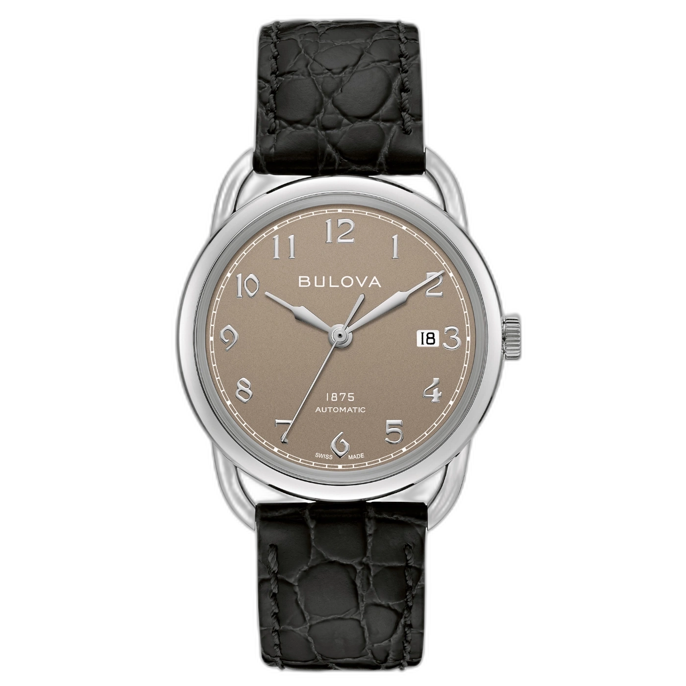 Bulova-Uhr mit braunem Zifferblatt und schwarzem Lederarmband.