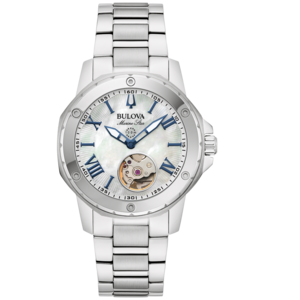 Bulova Marine Star Uhr, silbernes Armband, blaues Zifferblatt, römische Ziffern, Automatikwerk.