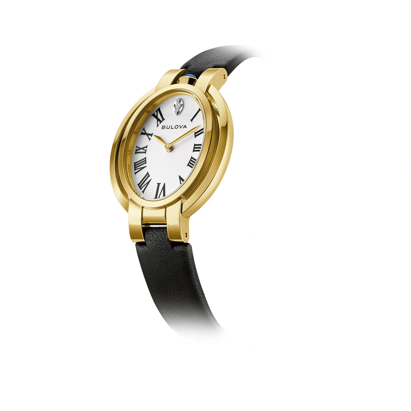 Goldene Damenuhr mit römischen Ziffern und schwarzem Lederarmband, Bulova.