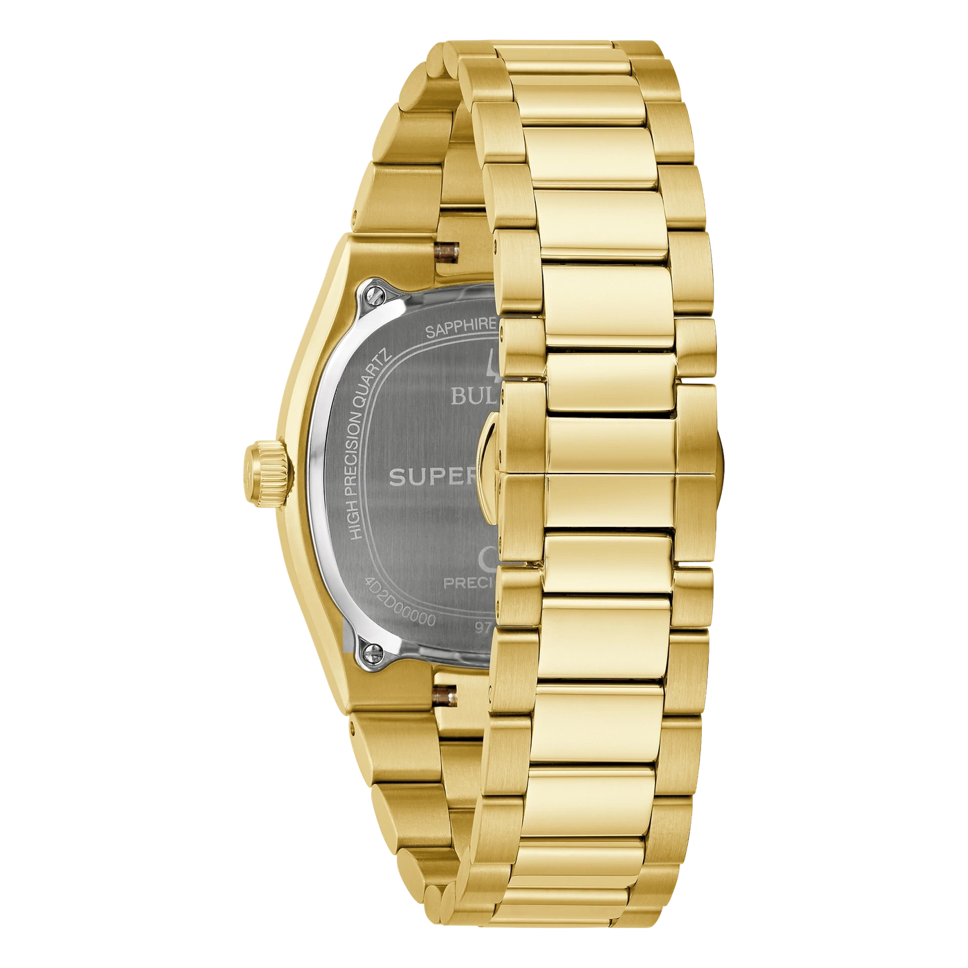 Ein goldener Herrenarmbanduhr-Rücken mit Präzisionsgravuren.