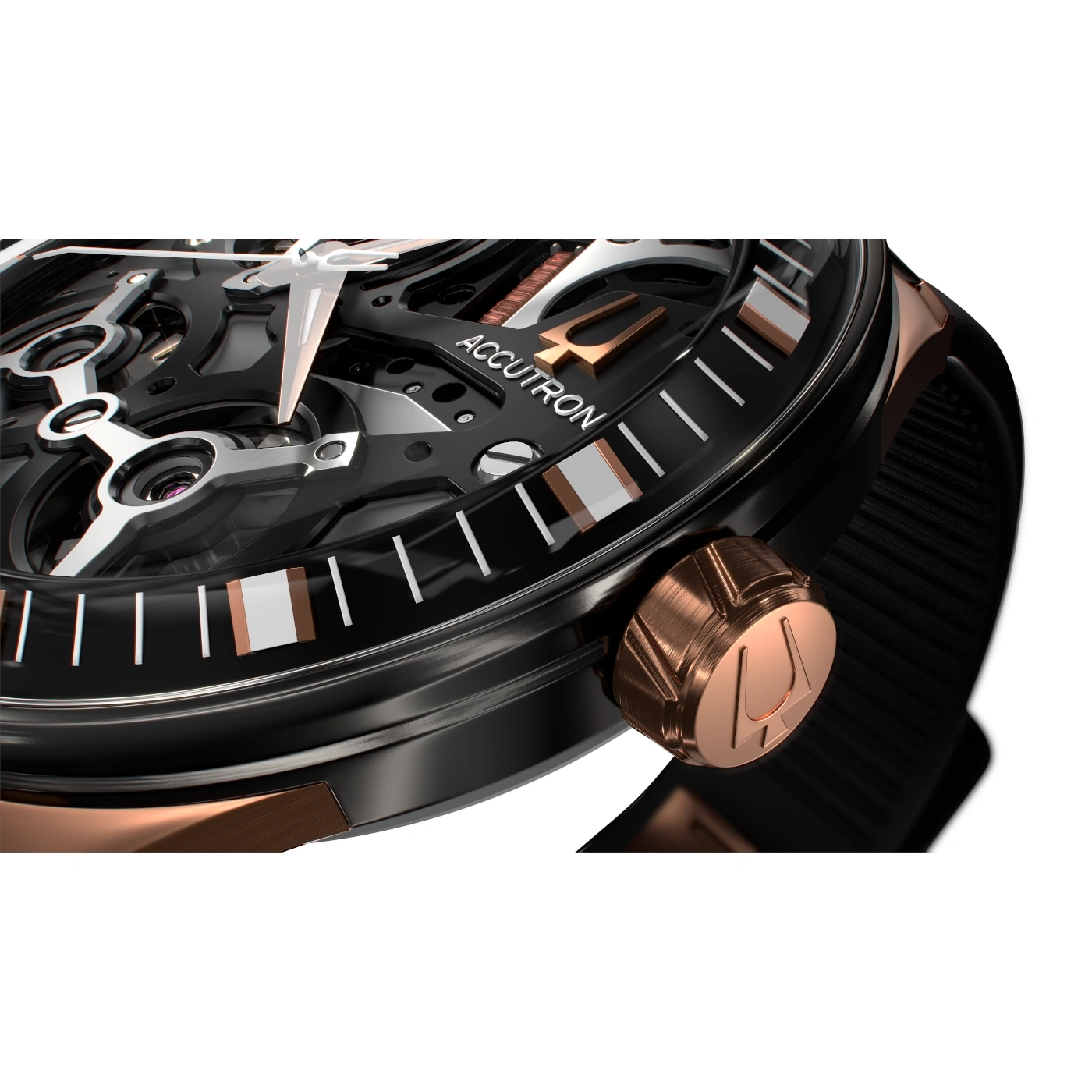 Nahaufnahme einer schwarzen und roségoldenen Accutron-Uhr mit Details.