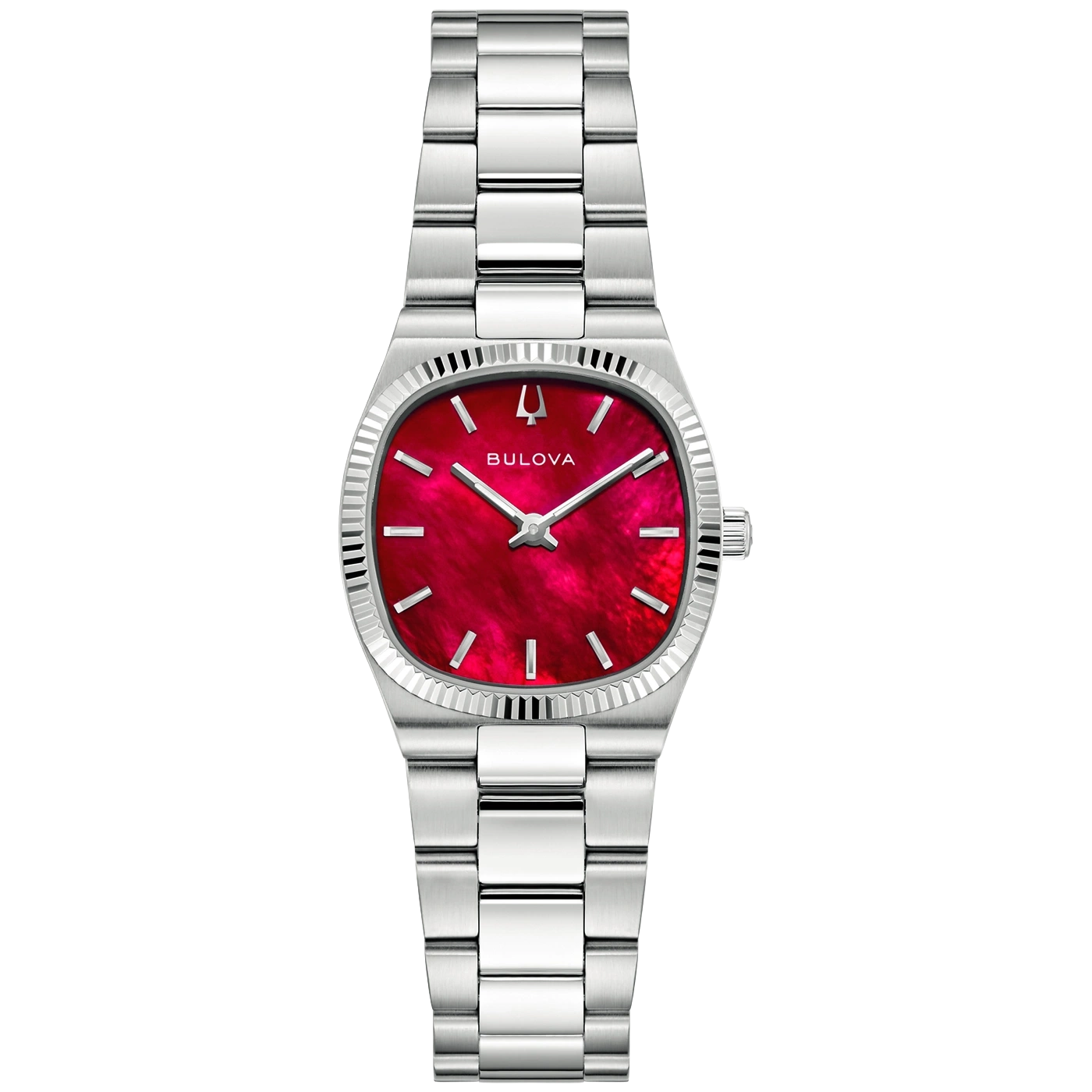 Eine silberne Bulova-Uhr mit einem roten Zifferblatt und silbernem Armband.