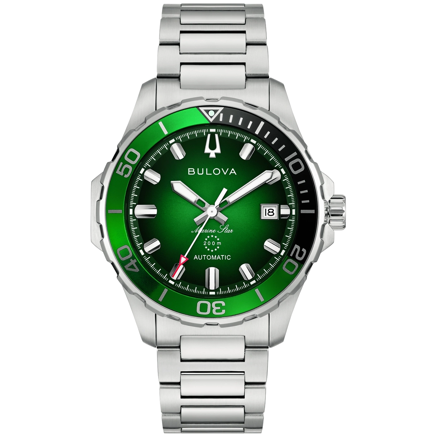 Eine grüne Bulova Marine Star Automatikuhr mit silbernem Armband.