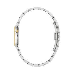 Uhr, silbernes Armband, goldenes Zifferblatt, elegantes Design, Damenuhr, Detailaufnahme, Schmuck