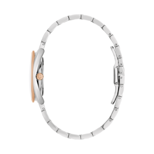 Uhr, silbernes Armband, roségoldfarbenes Gehäuse, Seitenansicht, elegantes Design, Accessoire