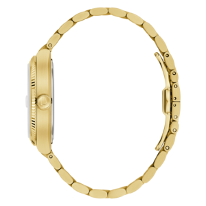 Goldene Uhr mit goldenem Armband, Seitenansicht, Detailaufnahme, elegant