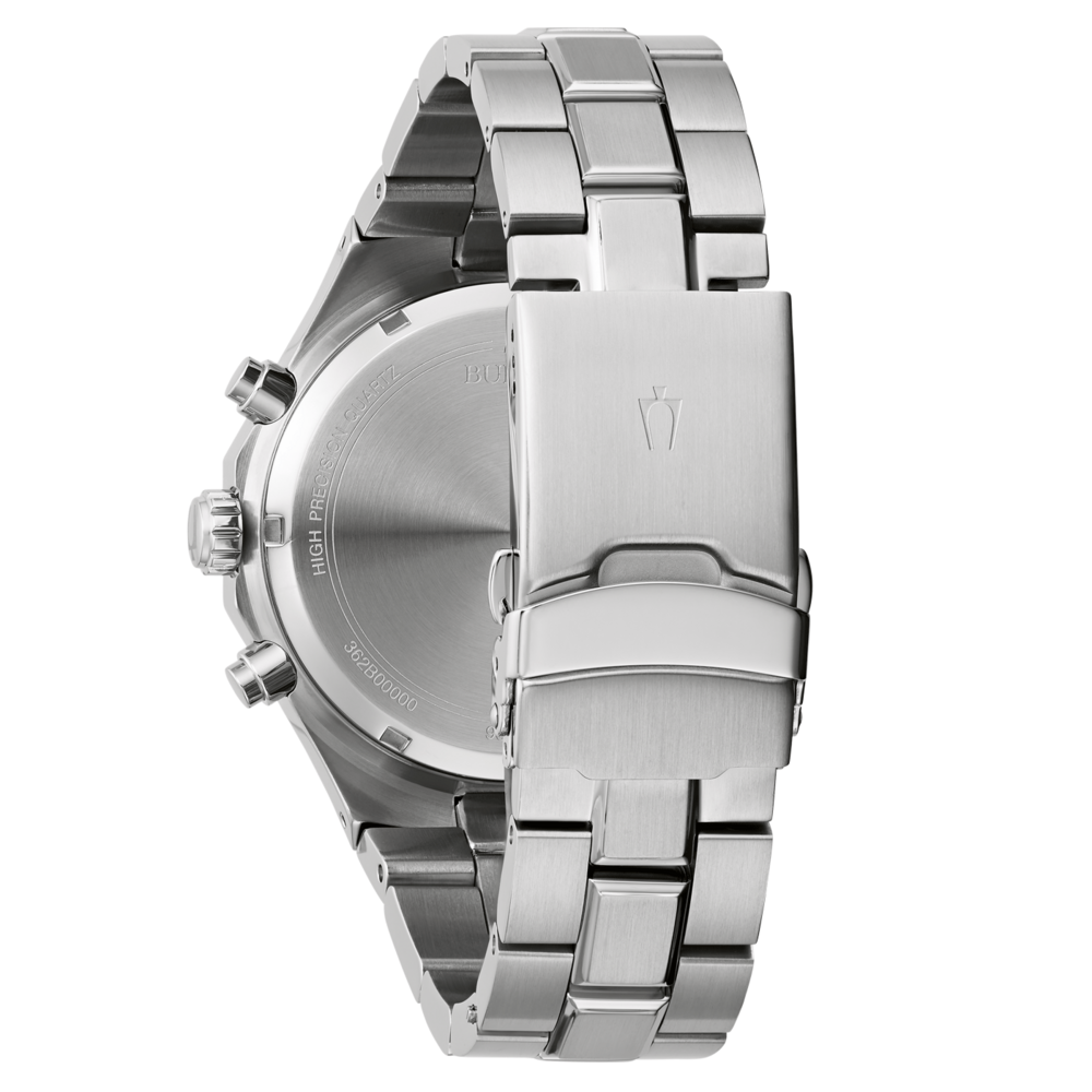 Edelstahl-Armbanduhr mit silbernem Gehäuse und Armband, Nahaufnahme