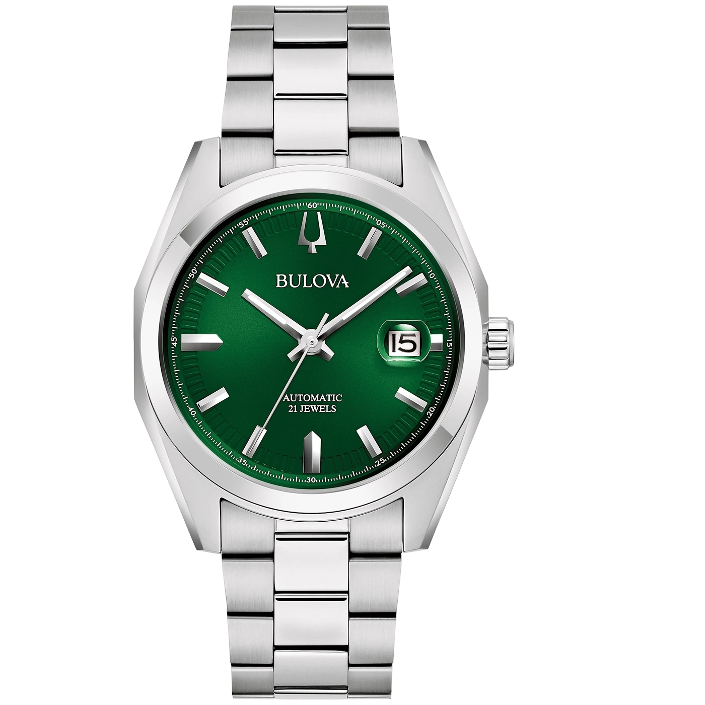 Bulova-Uhr mit grünem Zifferblatt und silbernem Armband, Automatik, 21 Jewels.