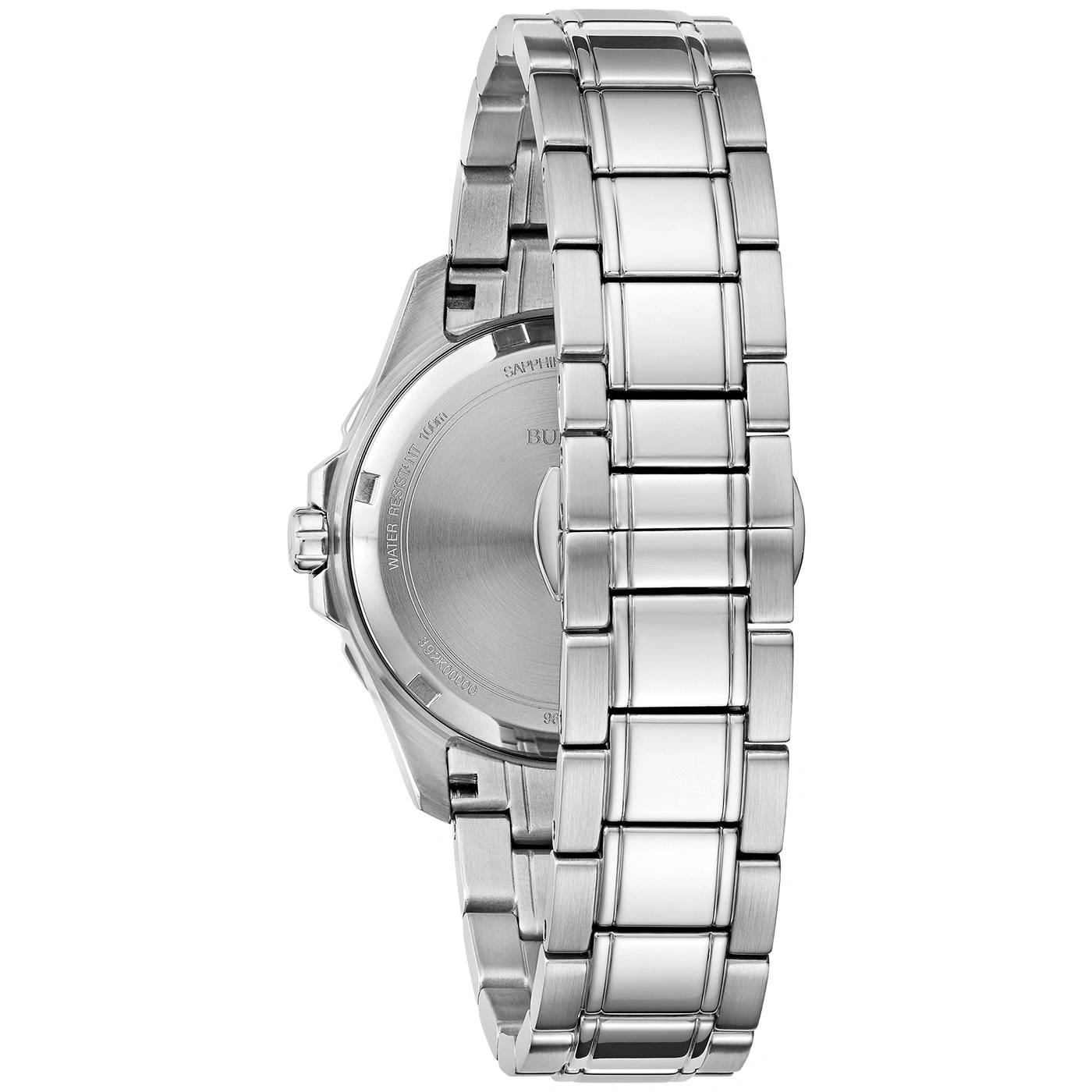 Uhr aus Edelstahl, Rückseite mit Gravur, Armband mit Gliedern, Nahaufnahme