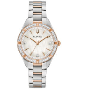 Bulova Damenuhr, silberfarbenes Gehäuse, roségoldfarbene Akzente, Diamanten, Perlmuttzifferblatt, Armband