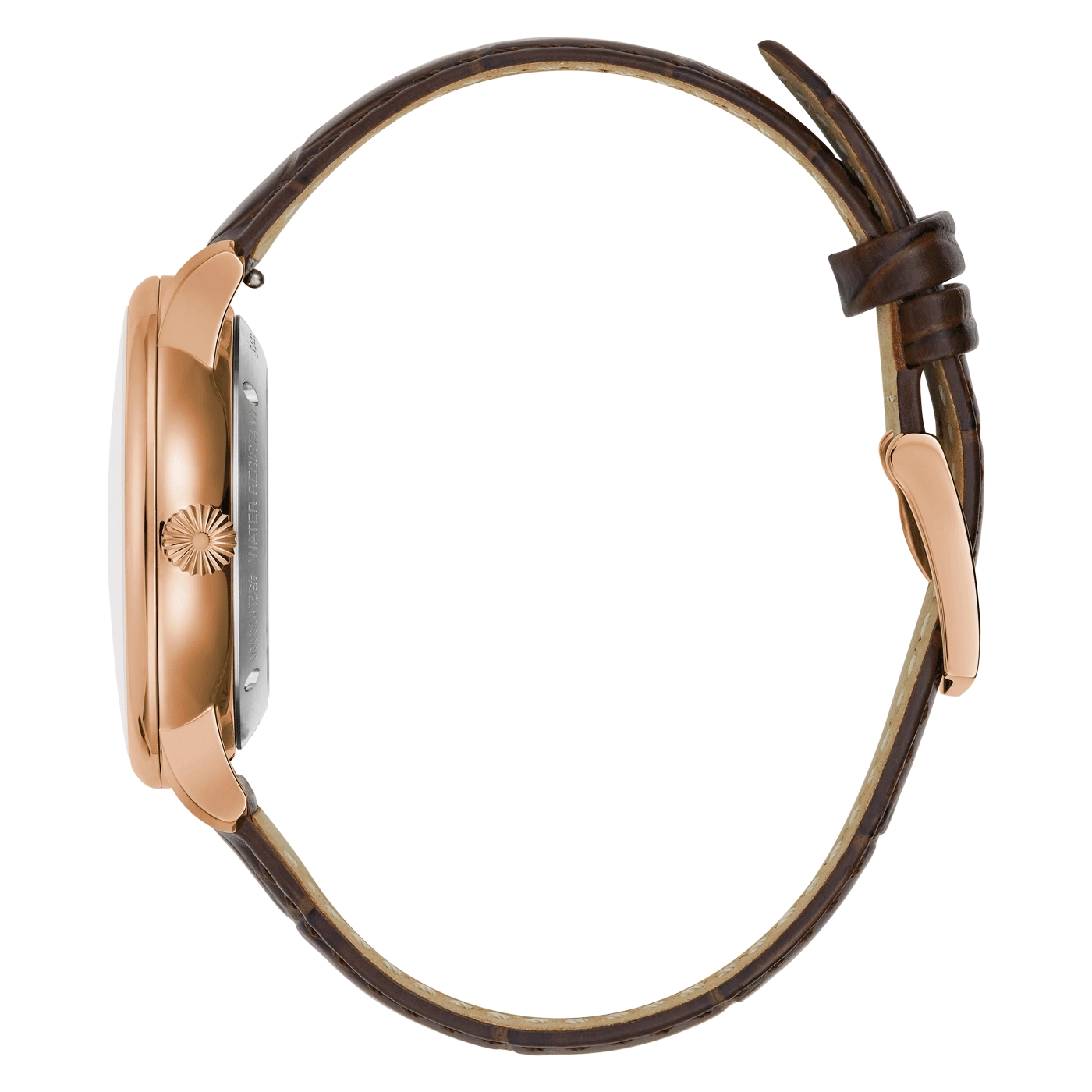 Uhr mit braunem Lederarmband und roségoldfarbenem Gehäuse, Detailaufnahme