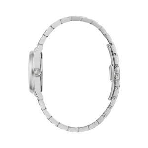 Silberne Uhr mit Armband. Zeitmesser, elegant, modern, Accessoire, Metall, Detail, Stil, Mode, Schmuck.