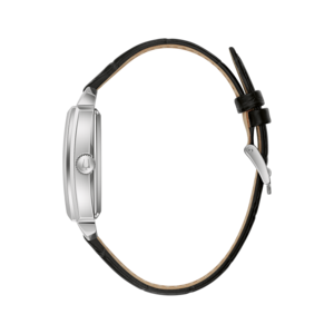 Uhr mit schwarzem Lederarmband, silbernem Gehäuse und Detailansicht