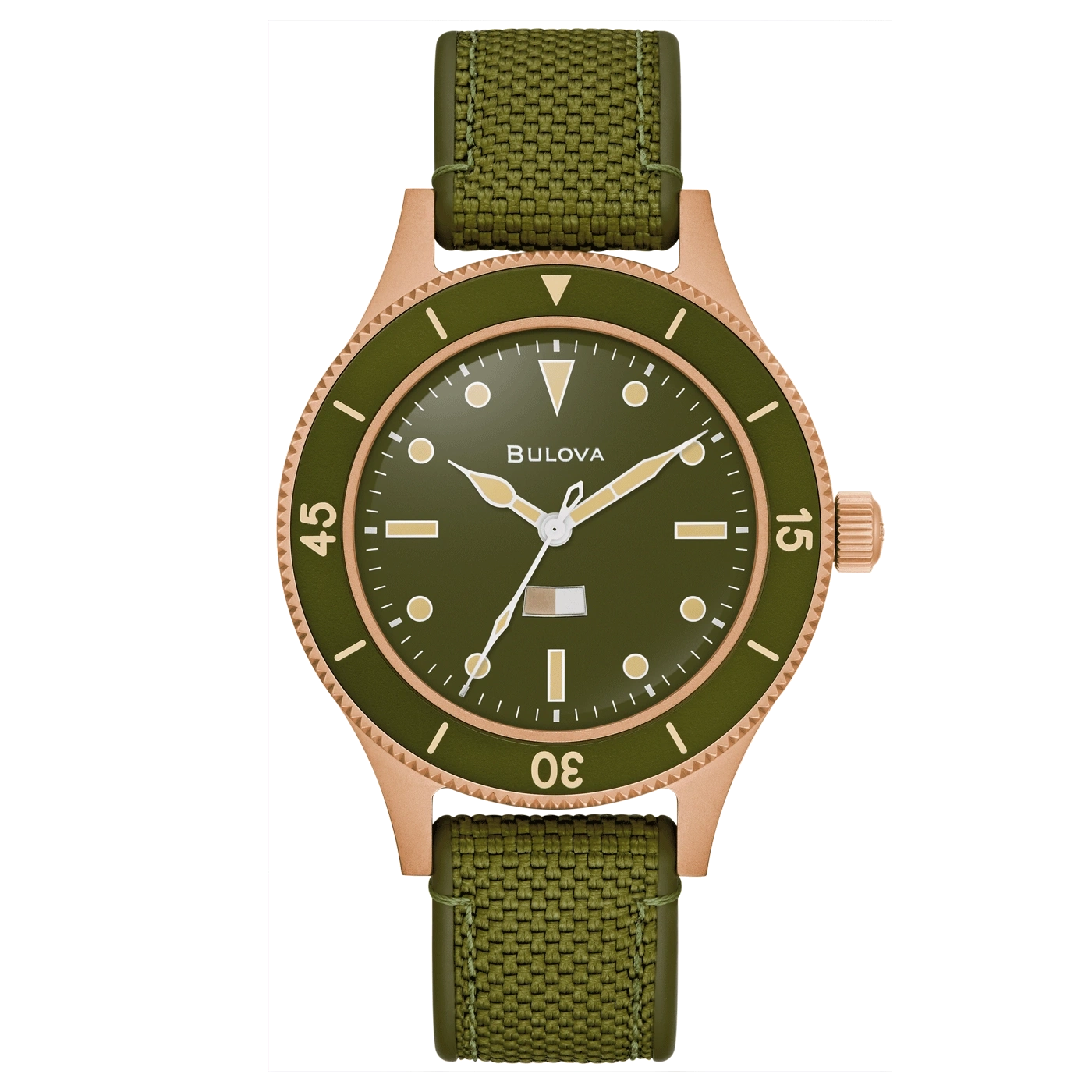 Bulova-Uhr mit grünem Zifferblatt und Armband, goldenem Gehäuse.