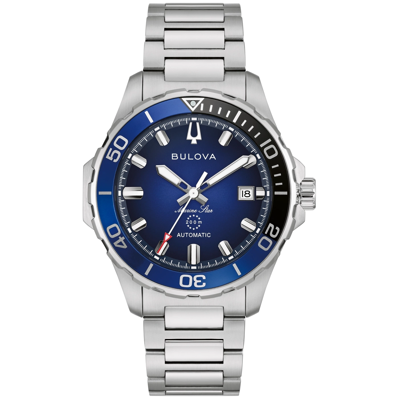 Eine silberne Bulova Marine Star Automatikuhr mit blauem Zifferblatt und silbernem Armband.