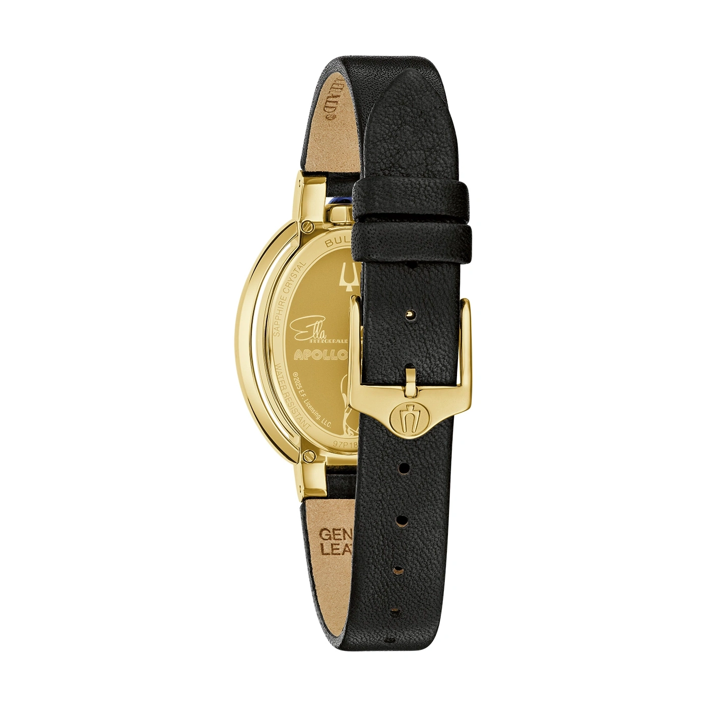 Goldene Uhr mit schwarzem Lederarmband, Detailansicht, Rückseite, Nahaufnahme, Apollo.